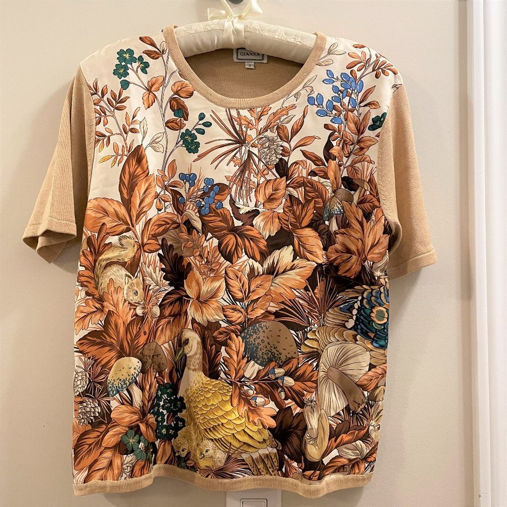 Vintage Short Sleeve Tee in Tan, Brown, Blue & Green Botanical Print